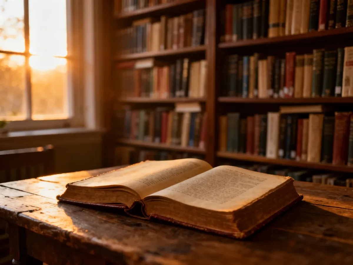 Otwarta książka na drewnianym stole w przytulnym kąciku czytelniczym z regałem pełnym literatury w ciepłym świetle zachodu.