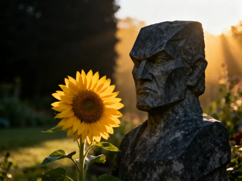 Surowa, szara rzeźba obok jasnego słonecznika, obrazująca kontrastowy motyw „grumpy x sunshine” w literaturze.