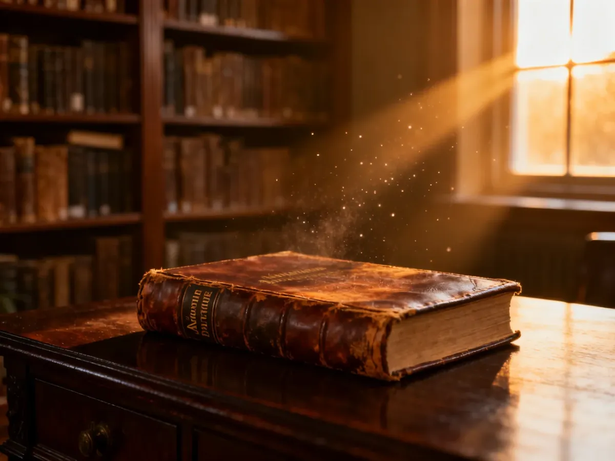 Stara, skórzana powieść przygodowa na mahoniowym biurku w klimatycznej bibliotece oświetlonej zachodzącym słońcem.