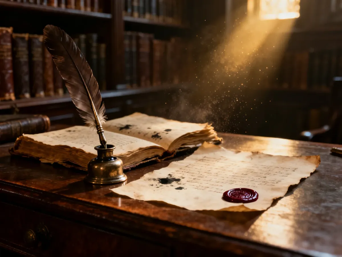Starodawne biurko z piórem, rękopisem i pieczęcią lakową w mrocznej bibliotece, symbolizujące pracę pisarzy w epoce cenzury.