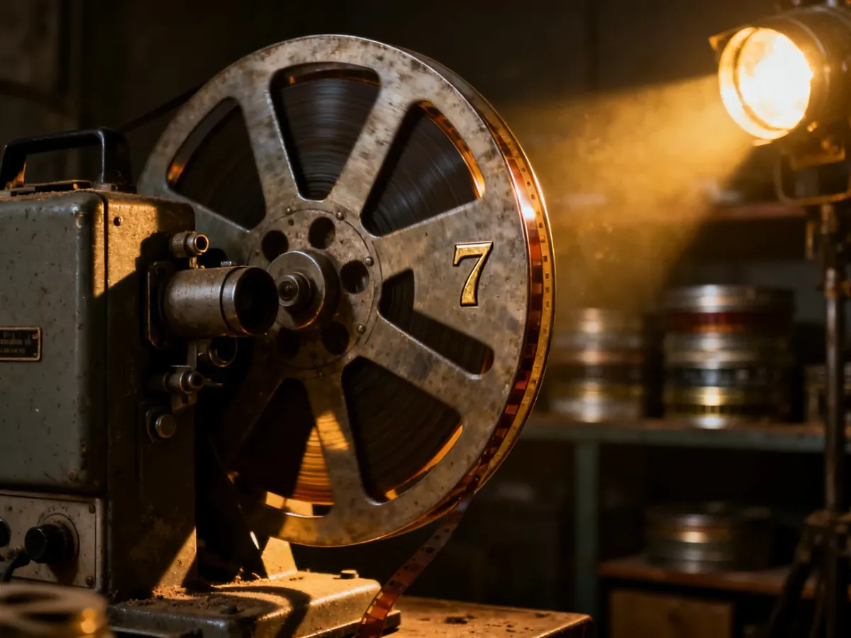 Stara szpula filmowa z wygrawerowaną cyfrą siedem w klimatycznej, zaciemnionej kabinie projekcyjnej.