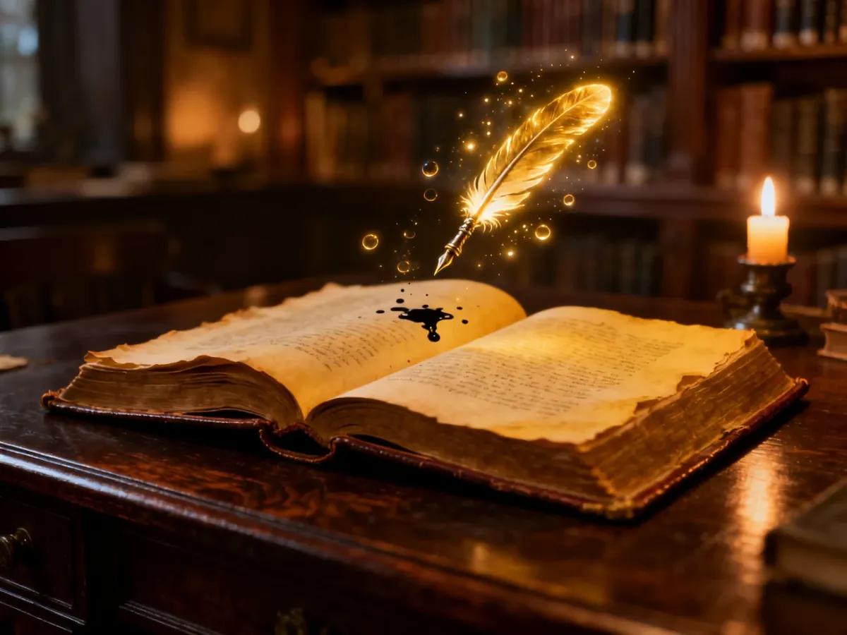 Otwarta, stara książka na drewnianym biurku w klimatycznej bibliotece, otoczona magicznym atramentem i lewitującymi piórami.