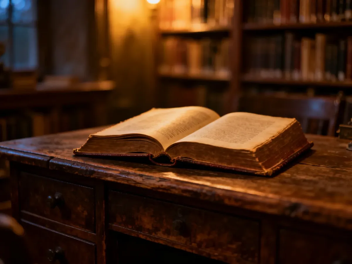 Otwarta stara książka na drewnianym biurku w przytulnej bibliotece, tworząca nastrojowy, literacki klimat.